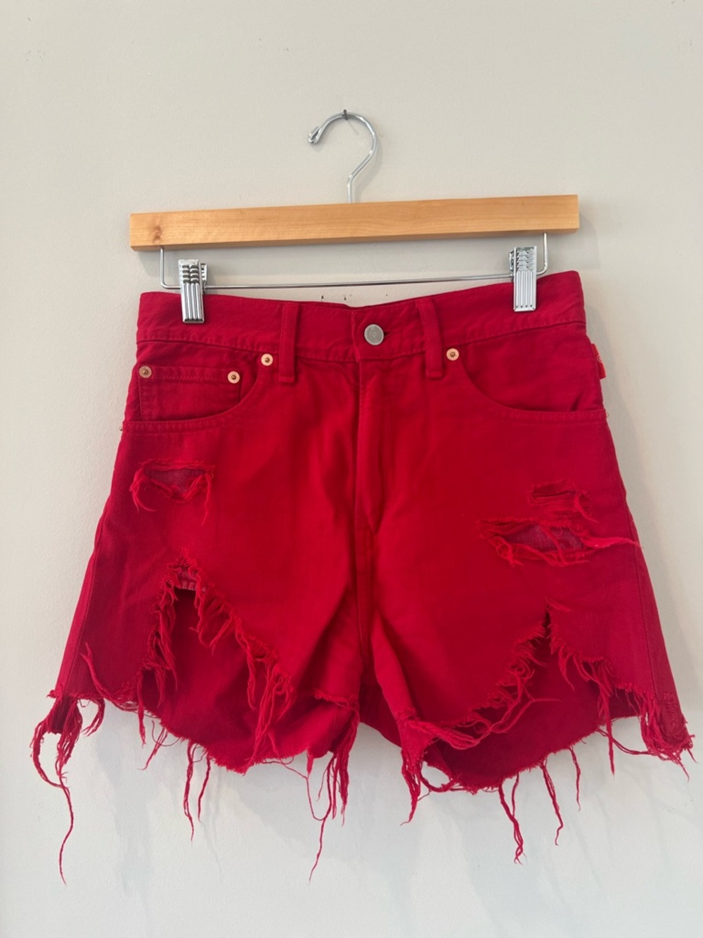 NWOT Denimist Red Distressed Denim Shorts with Frayed Hem